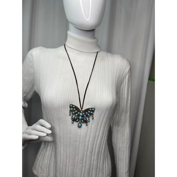 Butterfly necklace turquoise blue silver tone pendant on brown cord suede - Picture 6 of 10